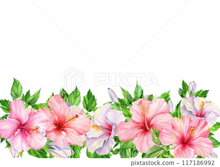 Tropical frame with palm leaves, flowers for sale poster, wedding card, party invitation. Watercolor templates isolated  117186992