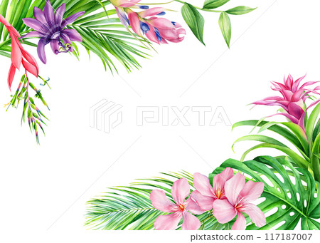 Tropical frame with palm leaves, flowers for sale poster, wedding card, party invitation. Watercolor templates isolated  117187007