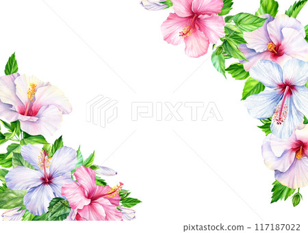 Tropical frame with palm leaves, flowers for sale poster, wedding card, party invitation. Watercolor templates isolated Tropical frame with palm leaves, flowers for sale poster, wedding card, party invitation. Watercolor templates isolated 117187022