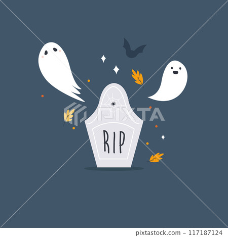 Halloween Illustration with Spooky Ghosts, Tombstone and Bat Halloween Illustration with Spooky Ghosts, Tombstone and Bat 117187124