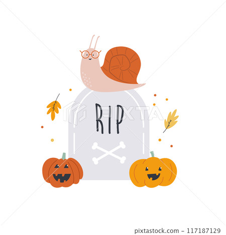 Halloween Illustration with Funny Snail, Pumpkins and Grave Stone Halloween Illustration with Funny Snail, Pumpkins and Grave Stone 117187129