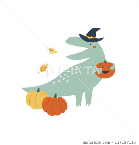 Halloween Tyrannosaurus-Rex Dinosaur Illustration, Spooky Dino with Pumpkins Halloween Tyrannosaurus-Rex Dinosaur Illustration, Spooky Dino with Pumpkins 117187130