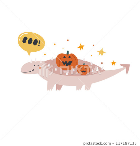 Halloween Dinosaur Illustration, Spooky Dino with Jack-o-Lantern Pumpkins 117187133