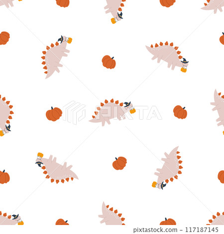 Seamless Halloween Patterns with Spooky and Funny Dinosaurs and Pumpkins Seamless Halloween Patterns with Spooky and Funny Dinosaurs and Pumpkins 117187145