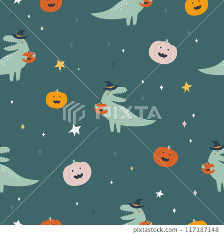 Seamless Halloween Patterns, Spooky Dinosaurs and Festive Elements Seamless Halloween Patterns, Spooky Dinosaurs and Festive Elements 117187148