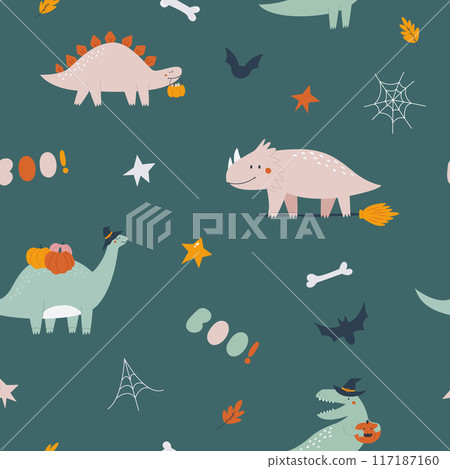 Seamless Halloween Patterns, Spooky Dinosaurs and Festive Elements 117187160