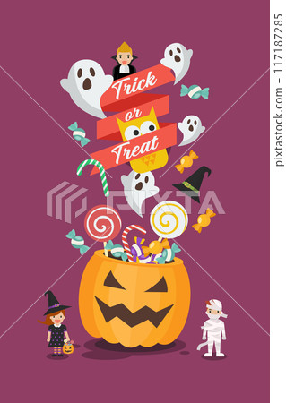 Trick or Treat Poster Halloween pumpkin basket with tiny children 117187285