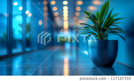 Elegant Royal Blue Office Corridor Featuring Lush Greenery and Soft Lighting. Generative AI 117187350