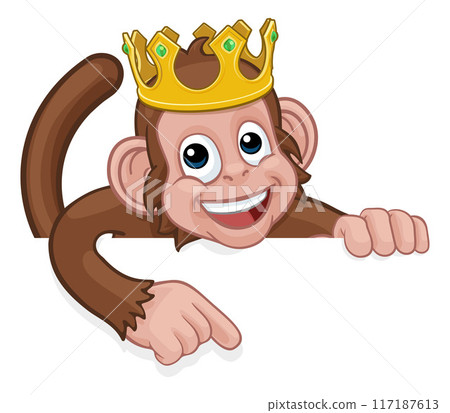 Monkey King Crown Cartoon Animal Pointing At Sign 117187613