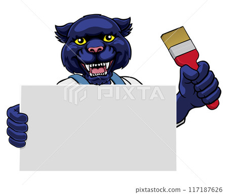 Panther Painter Decorator Paint Roller Mascot Man 117187626
