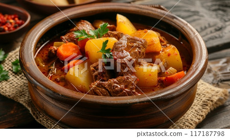 Beef meat stewed with potatoes, carrots and spices in ceramic pot Beef meat stewed with potatoes, carrots and spices in ceramic pot 117187798