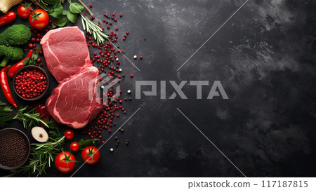 Balanced diet food background with copy space, organic food for healthy nutrition Balanced diet food background with copy space, organic food for healthy nutrition 117187815