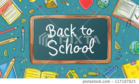 back to school text drawing with chalk on blackboard illustration 117187825
