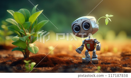 cute happy robot is observing plants in nature 117187838