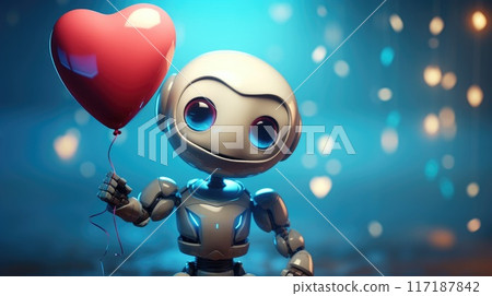 cute robot with red heart balloon illustration 117187842