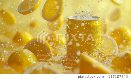 Refreshing Lemon Soda Can with Lemon Slices perfect for quenching your thirst with a burst of citrusy flavor 117187843