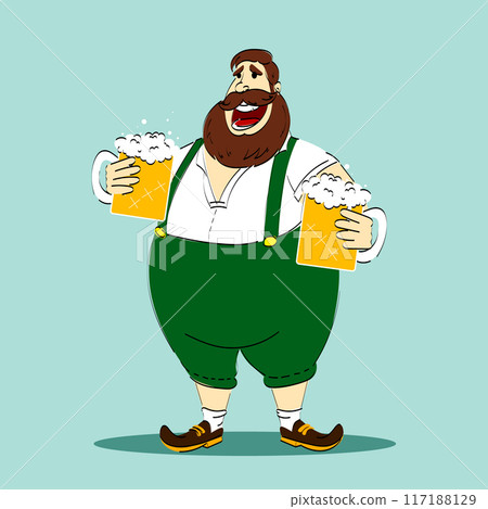 Cheerful happy bearded man in traditional Bavarian clothes holding two foamy beer mugs against light blue background. Vector illustration 117188129