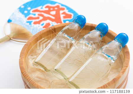 Ramune soda and festival fans cooled in a bucket of water and ice 117188139