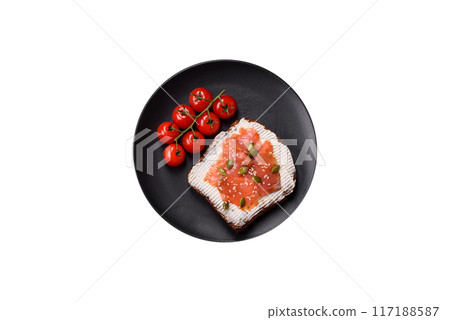 Sandwich or bruschetta with toast, salmon, cream cheese Sandwich or bruschetta with toast, salmon, cream cheese 117188587