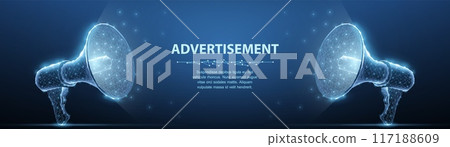 Bullhorns. Abstract vector 3d megaphone on blue background. Communication, announcement message, shout speech, warning alert concept. 117188609