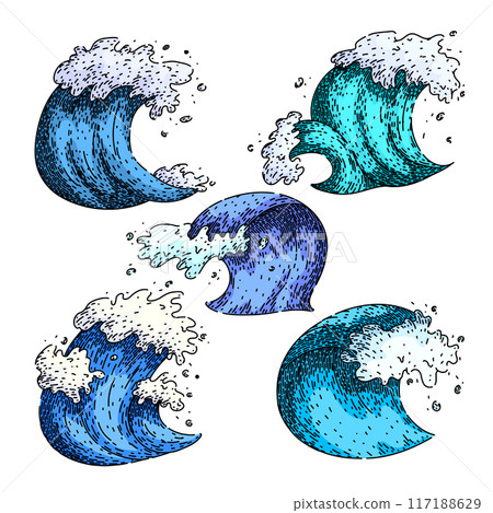 ocean wave set sketch hand drawn vector 117188629