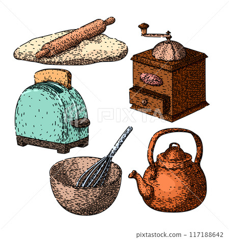 kitchen utensil retro set sketch hand drawn vector 117188642