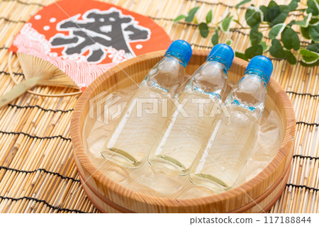 Ramune soda and festival fans cooled in a bucket of water and ice 117188844