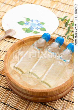 Ramune soda and festival fans cooled in a bucket of water and ice 117188914