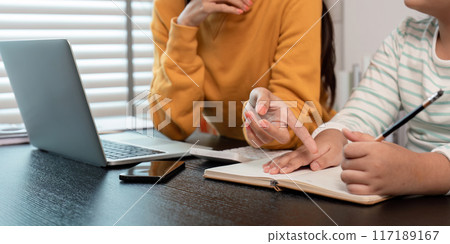 Mother and Daughter Working Together at Home on a Project with Laptop and Notebook 117189167