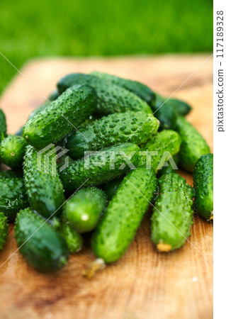 Freshly picked green cucumbers on the board background 117189328