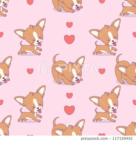 Seamless pattern with chihuahua dog on pink background with hearts. Funny cartoon kawaii pet character. Vector illustration. 117189492