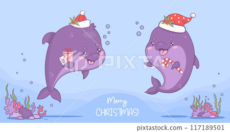 Merry Christmas poster. Cute Christmas dolphins in Santa hat with gift and striped candy cane. New Year horizontal banner with underwater holiday cartoon kawaii character animals. Vector illustration. Merry Christmas poster. Cute Christmas dolphins in Santa hat with gift and striped candy cane. New Year horizontal banner with underwater holiday cartoon kawaii character animals. Vector illustration. 117189501