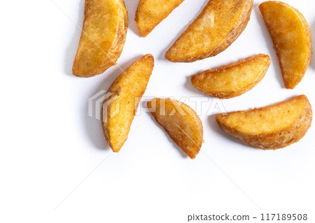 fried potato wedges isolated on white background 117189508