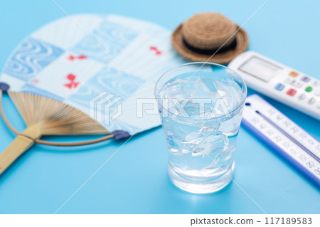 防暑形象(水、溫度計、空調遙控器、草帽、風扇) 防暑形象(水、溫度計、空調遙控器、草帽、風扇) 117189583