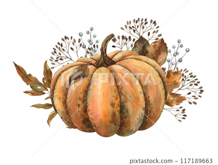 Orange pumpkin with autumn dry leaves, berries, branches. Handmade watercolor composition in autumn style. For decor, cards, autumn posters, Thanksgiving, Halloween, packaging, fabric design Orange pumpkin with autumn dry leaves, berries, branches. Handmade watercolor composition in autumn style. For decor, cards, autumn posters, Thanksgiving, Halloween, packaging, fabric design 117189663
