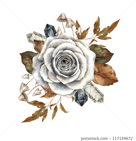 Vintage white rose, dry autumn leaves, mushrooms and shiny crystals. Hand-painted watercolor illustration on isolated background. Illustration is suitable for Halloween, cards, packaging, stickers 117189672