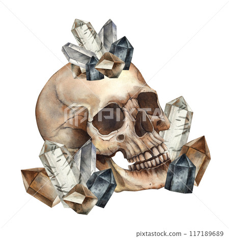 Realistic watercolor skull with different crystals. Watercolor illustration hand drawn in gothic and vintage style. Halloween decoration, Mexican Day of the Dead symbol, gothic style design, for cards Realistic watercolor skull with different crystals. Watercolor illustration hand drawn in gothic and vintage style. Halloween decoration, Mexican Day of the Dead symbol, gothic style design, for cards 117189689