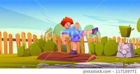 Funny boy playing alone in backyard 117189771