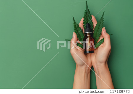 CBD Oil Bottle in Hands with Hemp Leaves on Green Background - Wellness Concept 117189773