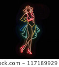 Glowing multi-colored neon sign in the form of a young sexy woman in a revealing outfit 117189929