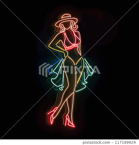 Glowing multi-colored neon sign in the form of a young sexy woman in a revealing outfit 117189929
