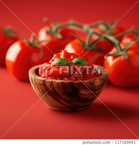 Promotional poster of tomato paste in a small wooden bowl, foreground, red background 117189941