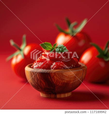 Promotional poster of tomato paste in a small wooden bowl, foreground, red background Promotional poster of tomato paste in a small wooden bowl, foreground, red background 117189942