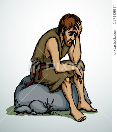 Vector drawing. A sad man and pigs Vector drawing. A sad man and pigs 117189954