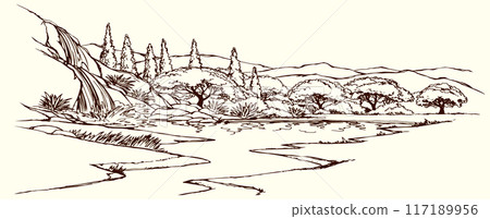 Vector drawing. River in the valley Vector drawing. River in the valley 117189956