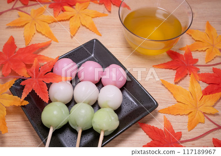 Three-colored dumplings and autumn leaves 117189967