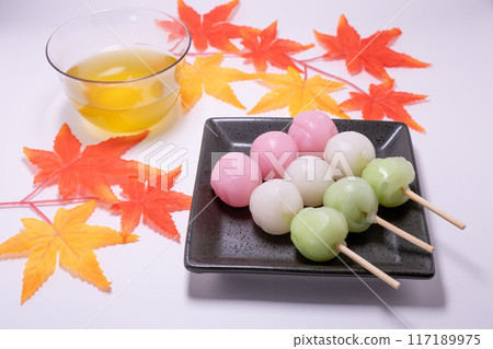 Three-colored dumplings and autumn leaves 117189975