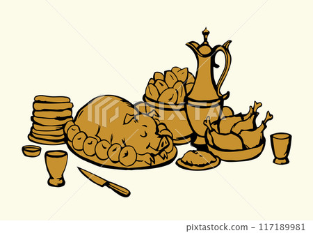 Vector drawing. Tasty feast food 117189981