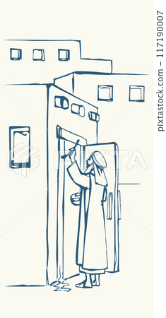 Vector drawing. The family fulfills God's command. Anoints the doorposts with the blood of the lamb 117190007