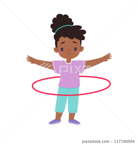Girl Kid with Hula Hoop at Sport Lesson Vector Illustration 117190084